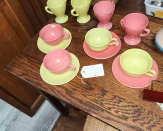 1930's/40's Ovide Cups, Saucers with Cream and Sugar.  Neat colors Pink Coral and Lime