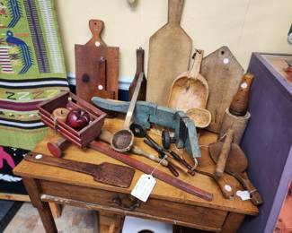 Primitive butter scoops , ladles, cutting boards , etc. 