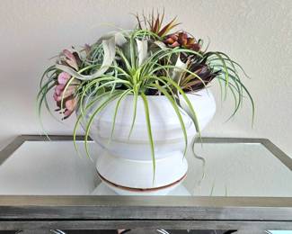  Large White Crate & Barrel Vase with Floral Arrangement - 15" Tall (Total) and Vase is 18" Diameter