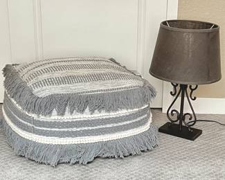 24” Pottery Barn Braided Fringe Trim Handwove Pouf and World Market Table Lamp