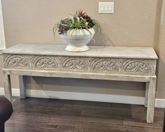 Beautiful Carved Wood Hall Table Painted Gray - Rustic appearance and Carved Sides (both) 64"L - 17"D - 29"H