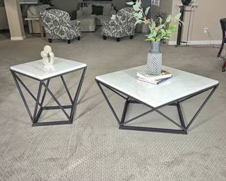 Set of Coffee Table & End Table w/ White Marble Veneered Tops & Geometric Gunmetal Brushed Iron Legs