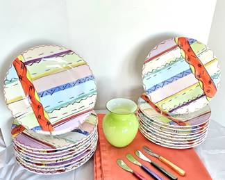 Set of 18 Colorful Dinner Plates by Antica Fornace" Made in Italy - Plus Table Cloth, Green Vase & Butter Knives