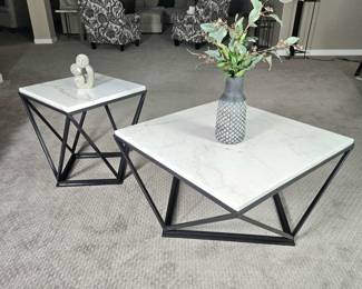 Set of Coffee Table & End Table w/ White Marble Veneered Tops & Geometric Gunmetal Brushed Iron Legs