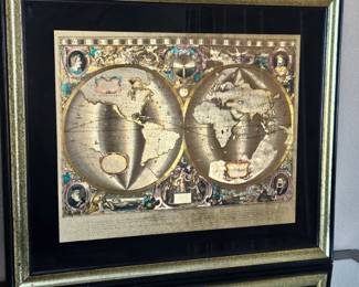 Framed Foil Wall Art of World Map in Black Frame - 27" x 23"