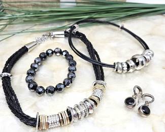 Set of Black and Silver Jewelry - Chico's Necklaces, Sterling and Onyx Earrings & Black Bangle Bracelet