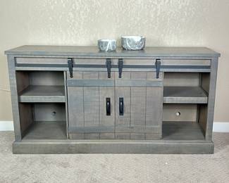 Trendy 64” Gray Tone TV Console w/ Sliding Barn Doors that can be positioned 2 ways! Plus Two Decorative Bowls