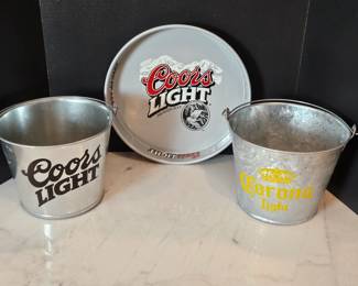 Three Coors Light Branded Bar Items - Metal Serving Tray and Two Ice Buckets with Handles