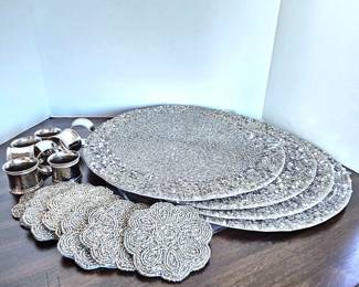 Sparkly Set of Table Dressings - Silver Beaded Round Placemats from Pier 1, Eight Beaded Coasters & Rings
