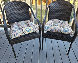 Set of Two Quality Construction Wicker-Look Patio Chairs - Brown Color with Thick Seat Cushions