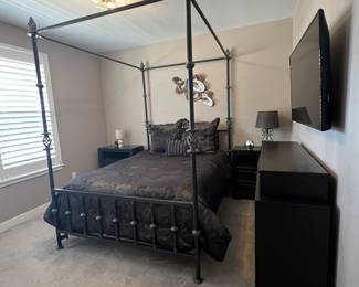 Vintage Queen Four Poster Iron Bed with Bedding