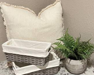 Large Throw Pillow 22”x22”, 12” Faux Plant, Two Lined Baskets 12”x5”
