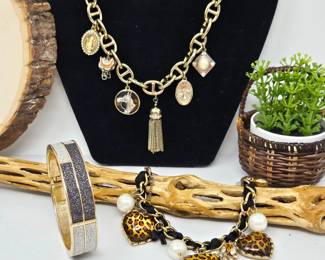 Betsey Johnson Leopard Charm Bracelet, Gold Tone Bangle Plus Ann Taylor Equestrian Theme Charm Necklace.