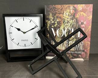 Lot of Three Contemporary Decor Items- Abstract Metal Decor, Metal Mantle Clock, Coffee Table Book