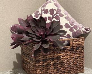  Beautiful Custom Made Throw Pillow w/ Purple Velvet Floral Design, Long Stems w/ Purple Succulents, Wicker Basket