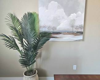 Set of Large Wall Art of Beach Scene 40" x 40" Paired with Large Faux Fern in Heavy Ceramic 16" Planter
