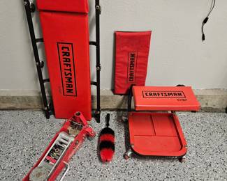 Set of Craftsman Mechanic's Necessities - Creeper, Rolling Seat, Knee Pad, Cleaning Brush & 1.5 Ton Aluminum Jack