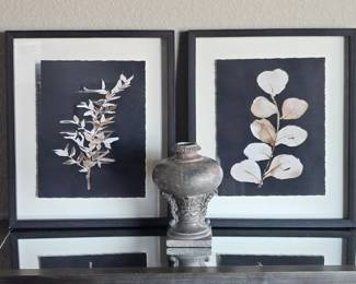 Set of Two Wall Art Pieces with Floral Theme Each 16" x 19" Plus 10" Tall Vase/ Urn in Gray Tones