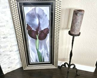 Tall 28" Wrought Iron Candle Holder Plus Pretty Flower Wall Art in Silver Frame - 22" x 43"