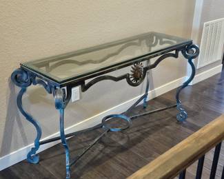 Gorgeous Heavy Solid Wrought Iron Hall Table w/ 1/2" Thick Beveled Glass Top - 58"x 23" x 32"Tall