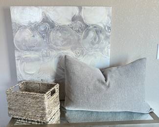  Lot with Gray & Cream Contemporary Canvas Wall Art, Gray Lumbar Pillow and Wicker Basket