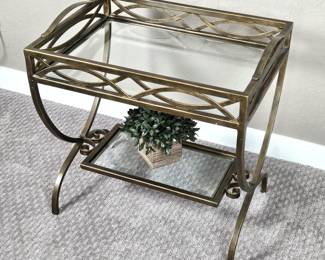 Hollywood Regency Style Wrought Iron & Glass, Two Tiered Side Table in Brass Tone - Thick Glass Shelves