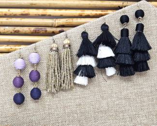  Four Pair of Long Statement Earrings - Black & White Tassels, Beaded Strands and Spheres in Purple Thread. 