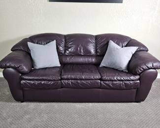 Real Leather Sofa in Eggplant Color w/ Two Lilac Down Feather Filled 16" Throw Pillows