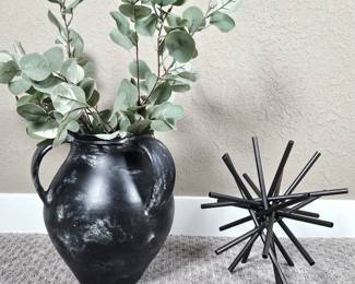 Three Handled Pottery Barn Vase/Urn - Black w/ Splashes of White Plus Metal Contemporary Table Top Decor