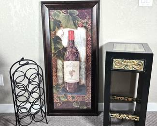 Lot of 3 Items- Bohemian Style Black Lacquered Occasional Table w/ Drawer, Wine Wall Art, & Wine Rack