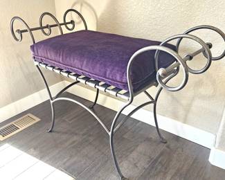 Wrought Iron Scrolled Sitting Bench with Eggplant Purple Seat Cushion - 44"W 17"D 28" Tall (scroll height)