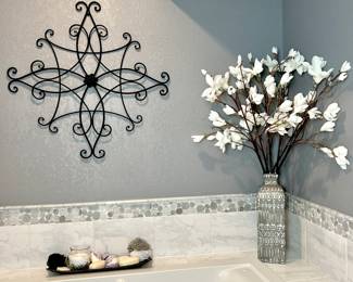 Lot of Three Decor Items- Large Tin Vase w/ Floral, Metal Wall Decor, & Gray Glass Tray