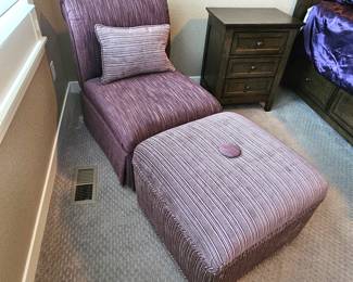  Whimsical Upholstered Chair and Ottoman Set in Purple Tones - Chair is 26"W x 32" D - Ottoman 28" Square