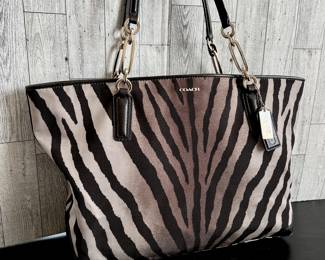  Coach Madison Tote in Zebra Print Canvas w/ Leather Trim
