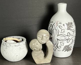  Lot of Three Decor Items- White & Gray Ceramic Vase, Ceramic Bowl, & Carved Stone Figurine