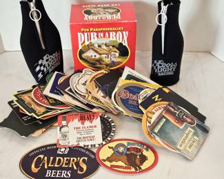 Fun "Pub in a Box" Filled With an Assortment of Beer Coasters - Plus Two Coors Light Racing Zipper Beer Cozies