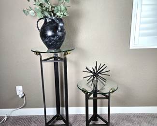 Set of Two Impressive Plant Stands/Tables Heavy Solid Wrought Iron Base w/ Gold Painted Legs & Glass Top