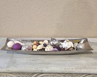  Long Pretty Shiny Silver Decorative Tray from Pier 1 Imports (W/ Potpourri) 25"L x 6.5"W - Boat-Like Shape
