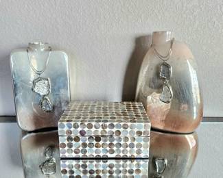 Set of Three Iridescent Style Table Top Decor Items, Two Vases and Mother of Pearl Trinket Box