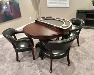 Wooden Round Pedestal Card Table w/ Removable Poker Topper Includes Four Leather Club Chairs