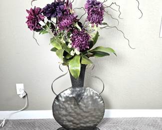Whimsical Tall Urn Shaped Metal Vase w/ Purple Floral - 34" Tall Vase Alone