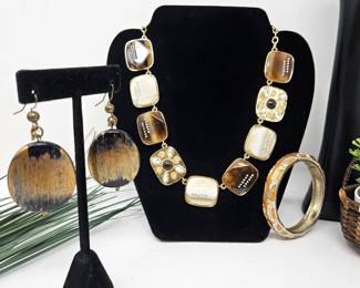 Statement Necklace, Bracelet and Earrings in Gold & Brown Tones