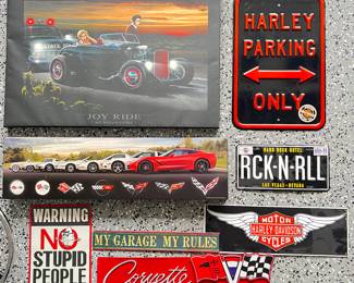 Novelty Garage or Mancave Wall Signs- Lighted Canvas "Joy Ride" w/ Marilyn & Elvis, Harley, Corvette & More