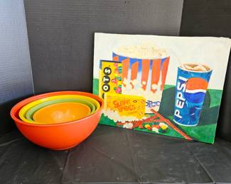 Set of Colorful Martha Stewart Nesting Mixing Bowls Plus a Fun Original Piece of Art Showing Popcorn & Candy