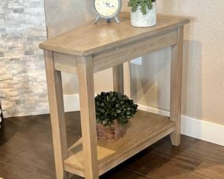  Triangular Shaped End Table with Two Small Faux Plants and small Clock