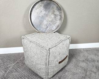 Beautiful Round Pier 1 Gray Driftwood Colored Tray with Carved Floral Pattern Plus Tweed Cube Pouf