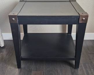 End Table in Dark Wood with Lighter Wood Accents on Corners - Solid Wood w/ Lower Shelf