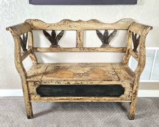 Antique Primitive Crackled Solid Wood Bench w/ Storage Under Seat