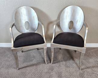 Two Contemporary Wood Arm Chairs from Denver Design Center w/ Black Upholstered Seat- Silver Tone