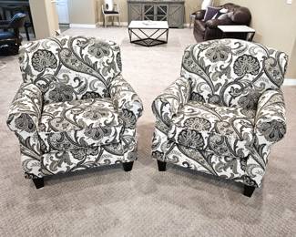Set of 2 Upholstered Arm Chairs in Black and White Paisley Print - Excellent Condition